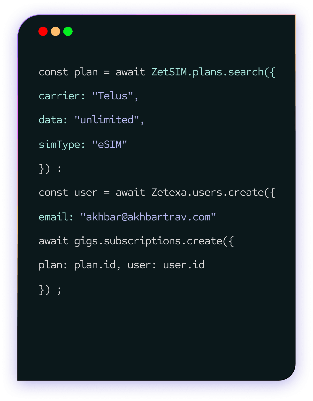 Zetexa API SDK code example